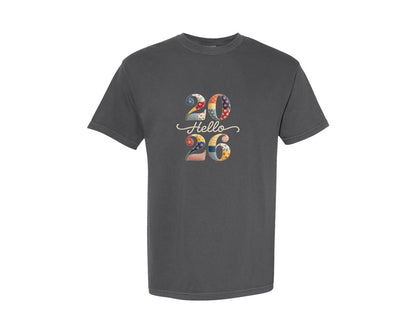 brand:Comfort Colors|color:Pepper|Cute Patchwork Happy New Year 2026 Graphic T-Shirt