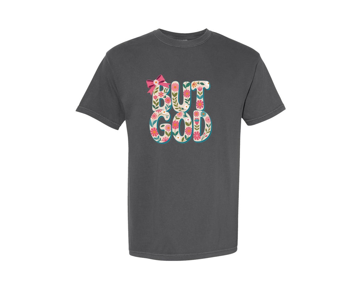 brand:Comfort Colors|color:Pepper|But God With Bow Floral Christian Graphic T-Shirt
