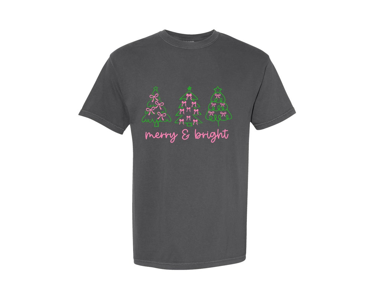 brand:Comfort Colors|color:Pepper|Christmas Trees W Pink Bows Merrybright Graphic T-Shirt