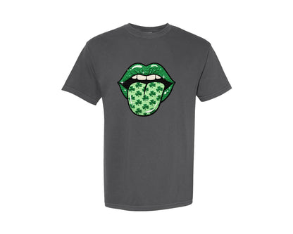 brand:Comfort Colors|color:Pepper|Lucky Shamrock Tongue Lips Graphic T-Shirt