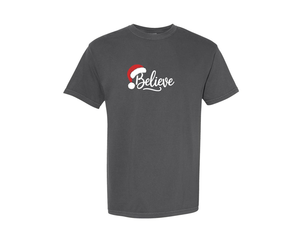 brand:Comfort Colors|color:Pepper|Christmas Santa Hat Holiday Believe Graphic T-Shirt