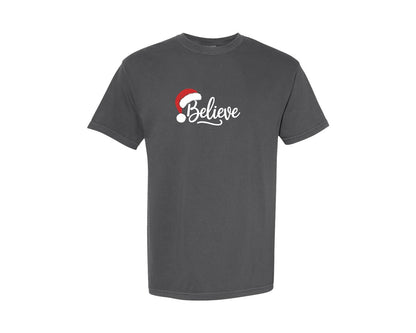 brand:Comfort Colors|color:Pepper|Christmas Santa Hat Holiday Believe Graphic T-Shirt