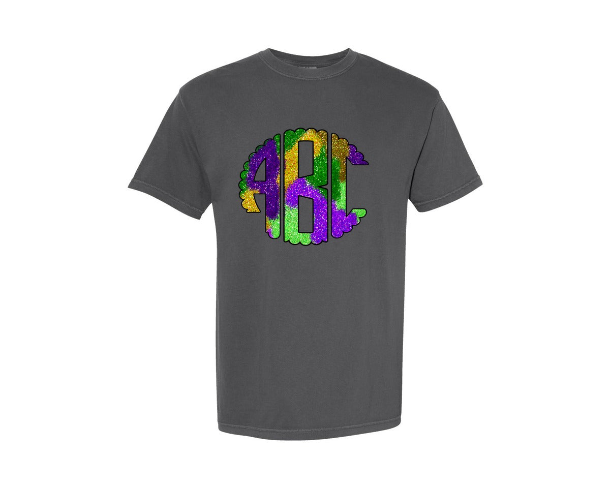 brand:Comfort Colors|color:Pepper|Glitter Mardi Gras Circle Monogram Set Graphic T-Shirt