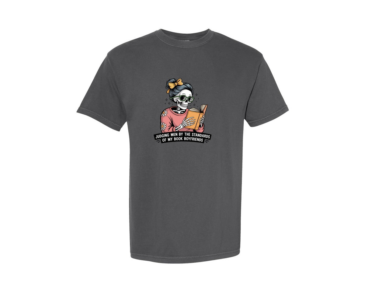 brand:Comfort Colors|color:Pepper|Book Boyfriend Skeleton Retro Graphic T-Shirt