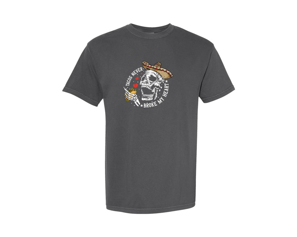 brand:Comfort Colors|color:Pepper|Tacos Never Broke My Heart Skeleton Graphic T-Shirt