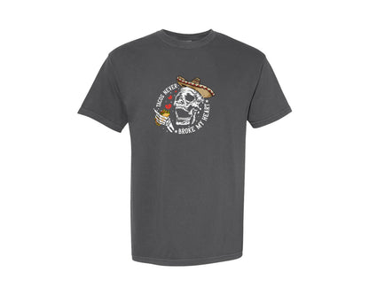 brand:Comfort Colors|color:Pepper|Tacos Never Broke My Heart Skeleton Graphic T-Shirt