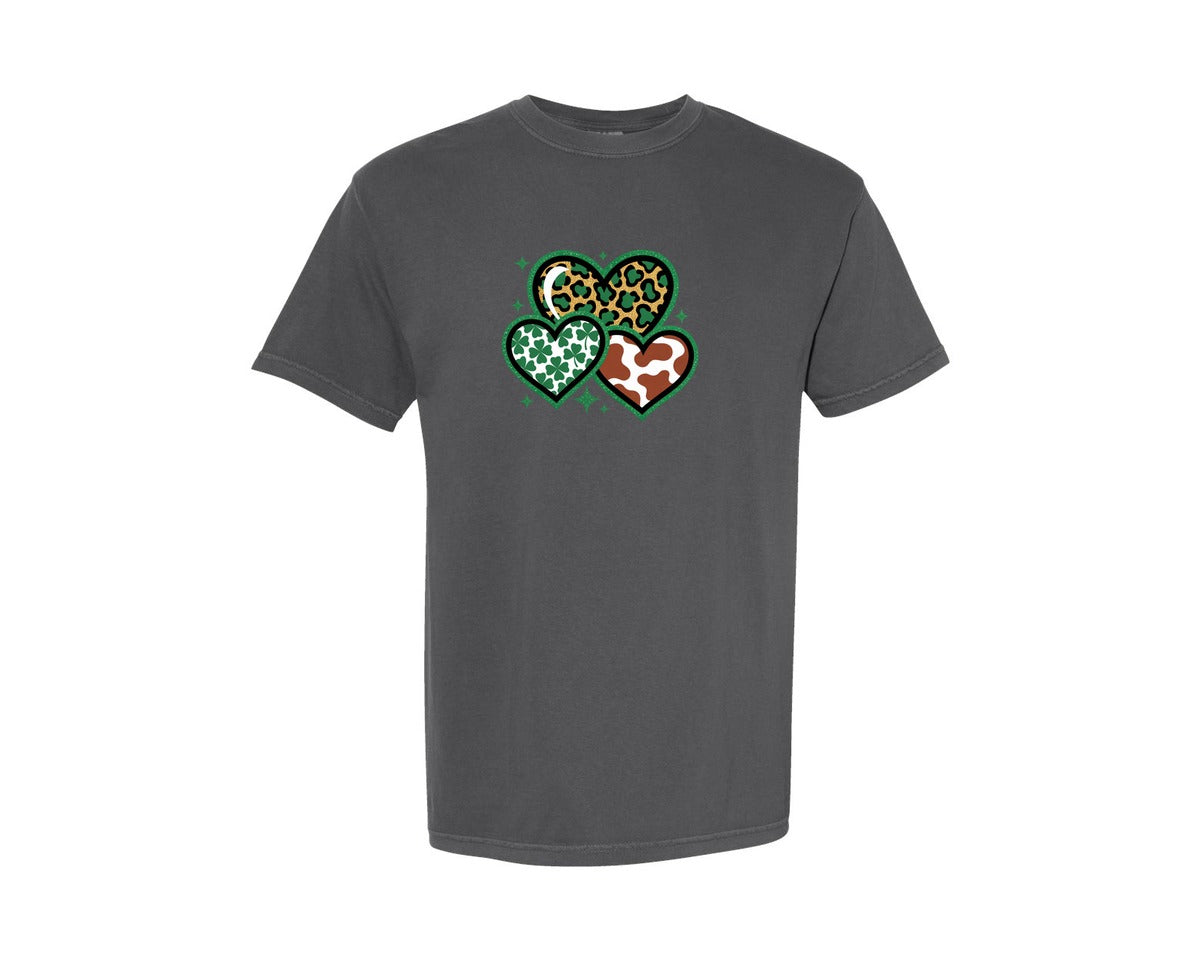 brand:Comfort Colors|color:Pepper|Shamrock Leopard Hearts Illustration Graphic T-Shirt