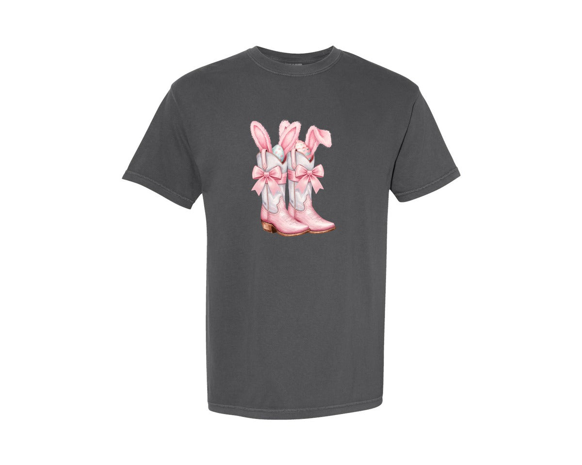 brand:Comfort Colors|color:Pepper|Howdy Western Easter Bunny Cowboy Boots Graphic T-Shirt