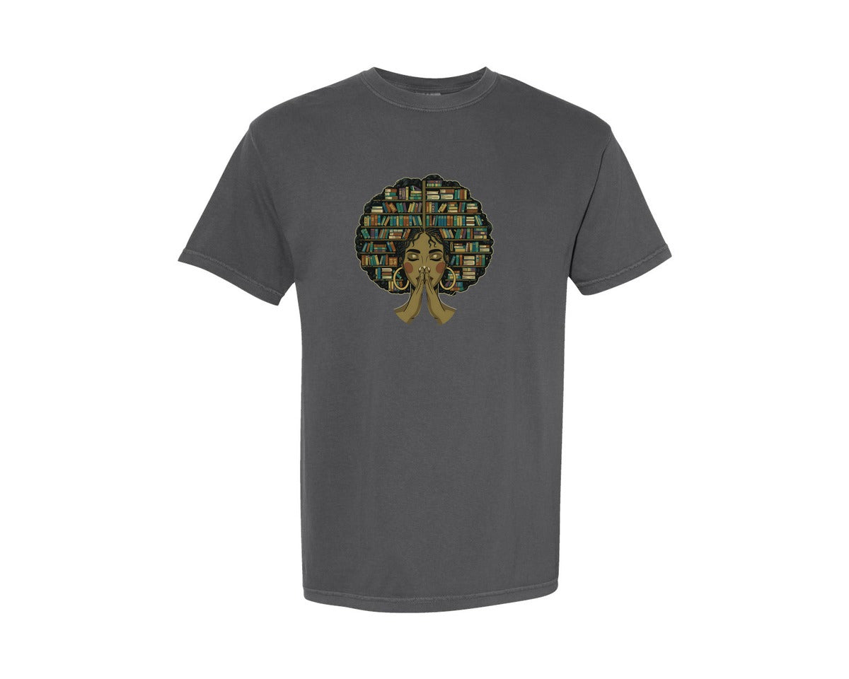 brand:Comfort Colors|color:Pepper|Afro Black Girl Book Lover Librarian Graphic T-Shirt