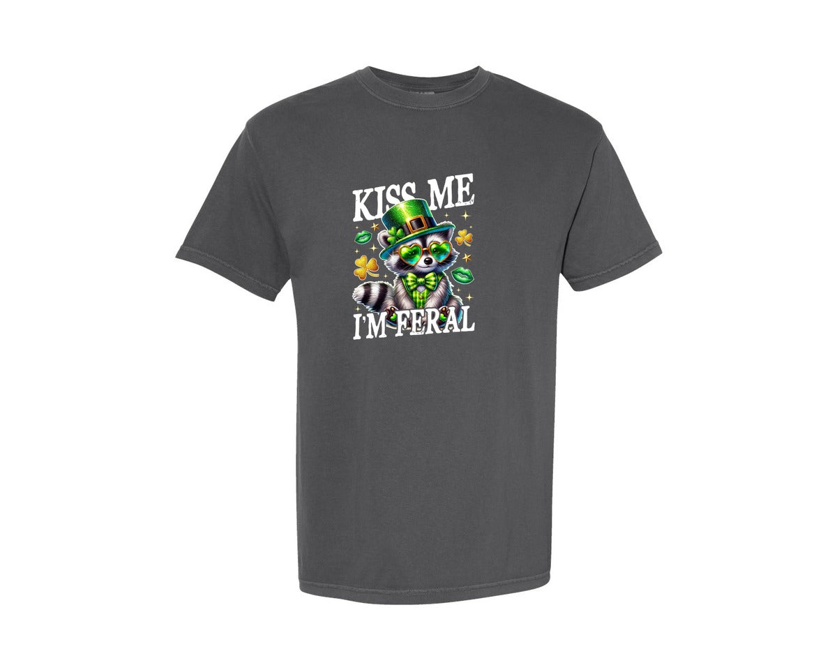 brand:Comfort Colors|color:Pepper|Kiss Me Im Feral Raccoon Graphic T-Shirt