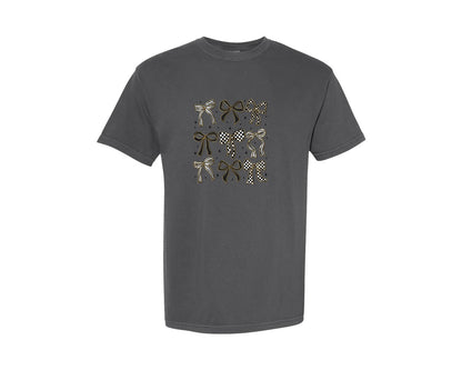 brand:Comfort Colors|color:Pepper|Checkered Coquette Bow Black White Graphic T-Shirt