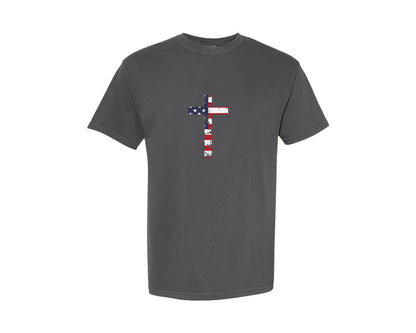brand:Comfort Colors|color:Pepper|Usa Flag Cross Christian Religious Graphic T-Shirt
