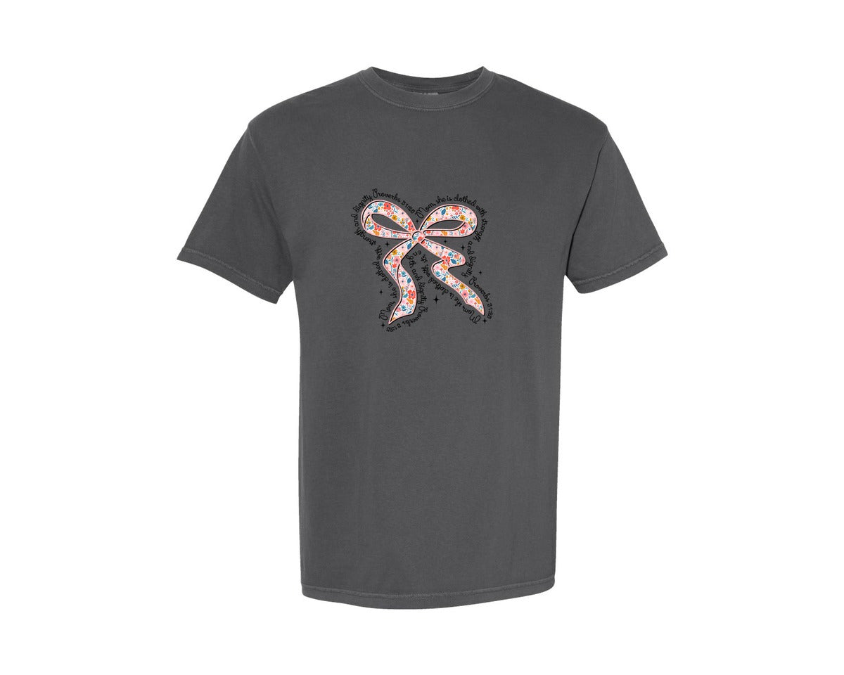 brand:Comfort Colors|color:Pepper|Proverbs 31 Floral Bow Mom Graphic T-Shirt