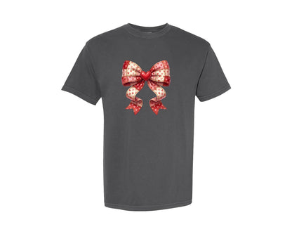 brand:Comfort Colors|color:Pepper|Valentine Patchwork Coquette Bow Graphic T-Shirt