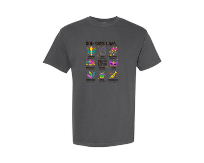 brand:Comfort Colors|color:Pepper|God Says I Am Mardi Gras 2 Graphic T-Shirt