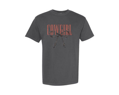brand:Comfort Colors|color:Pepper|Cowgirl Bow Rustic Western Art Graphic T-Shirt