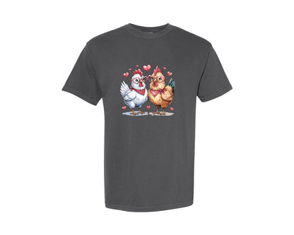 brand:Comfort Colors|color:Pepper|Adorable Chicken Couple Valentine Vector Graphic T-Shirt