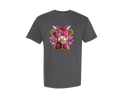 brand:Comfort Colors|color:Pepper|Highland Cow Valentines Coquette 20 Graphic T-Shirt