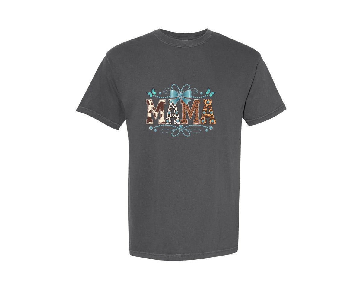 brand:Comfort Colors|color:Pepper|Western Cowhide Coquette Bow Mama Graphic T-Shirt