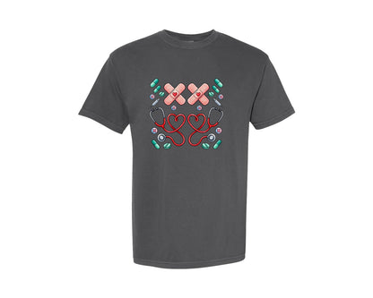brand:Comfort Colors|color:Pepper|Valentine Nurse Stethoscope Xoxo Graphic T-Shirt