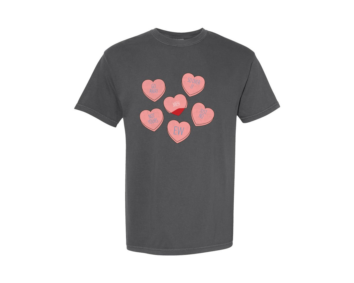 brand:Comfort Colors|color:Pepper|Candy Heart Hate Valentines Sublimation2 Graphic T-Shirt