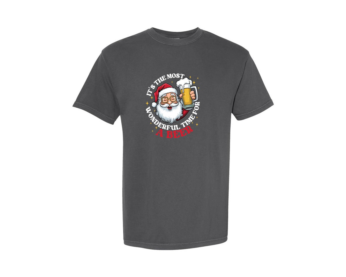 brand:Comfort Colors|color:Pepper|Santa Beer Funny Christmas Graphic T-Shirt