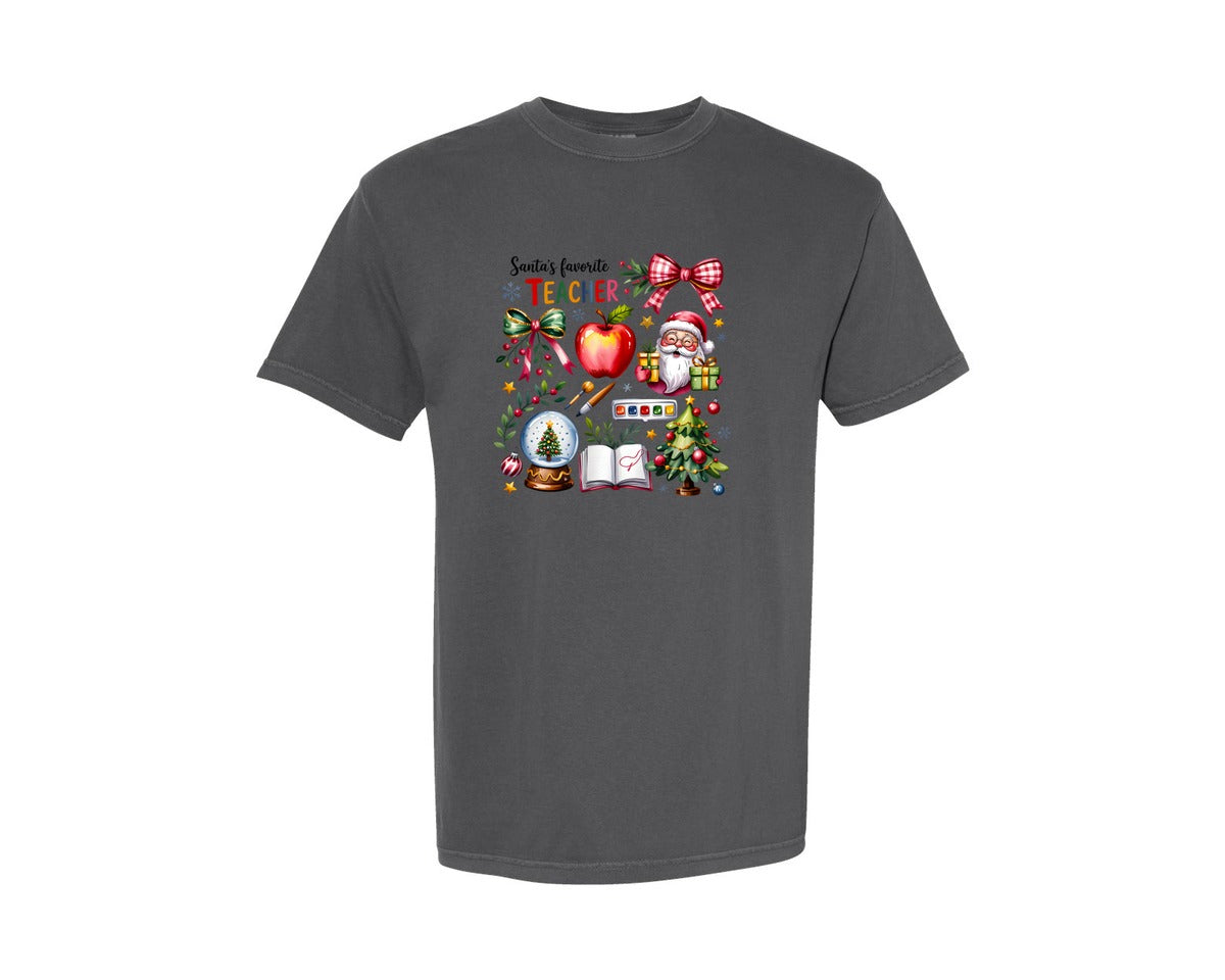 brand:Comfort Colors|color:Pepper|Santas Favorite Teacher Christmas 21 Graphic T-Shirt