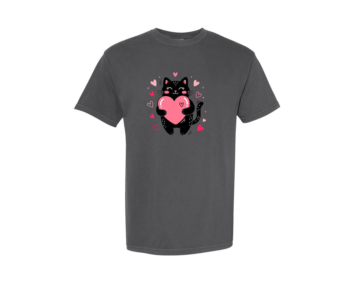 brand:Comfort Colors|color:Pepper|Valentine Black Cat Holding A Pink Graphic T-Shirt