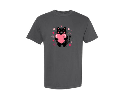 brand:Comfort Colors|color:Pepper|Valentine Black Cat Holding A Pink Graphic T-Shirt