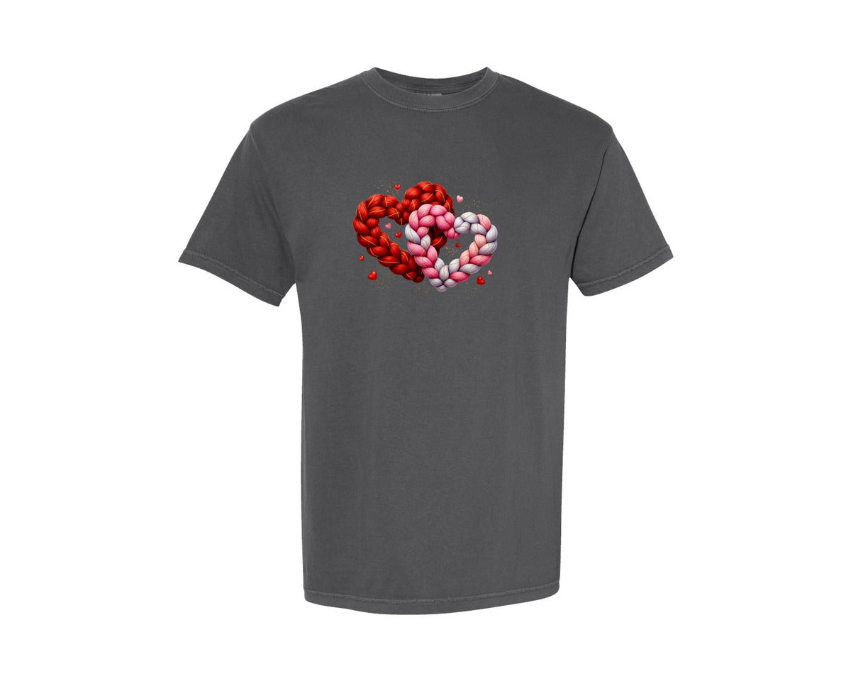 brand:Comfort Colors|color:Pepper|Braided Two Hearts Knit Valentine Graphic T-Shirt