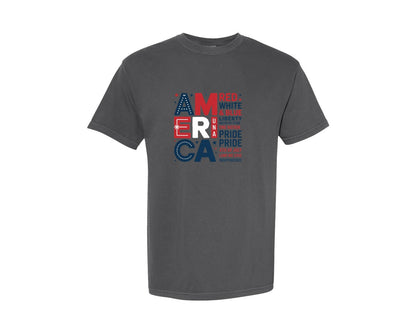 brand:Comfort Colors|color:Pepper|America Word Art Design Graphic T-Shirt