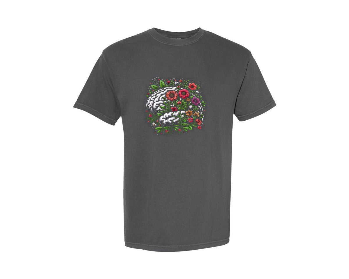 brand:Comfort Colors|color:Pepper|Mental Health Brain Plants Flowers Graphic T-Shirt