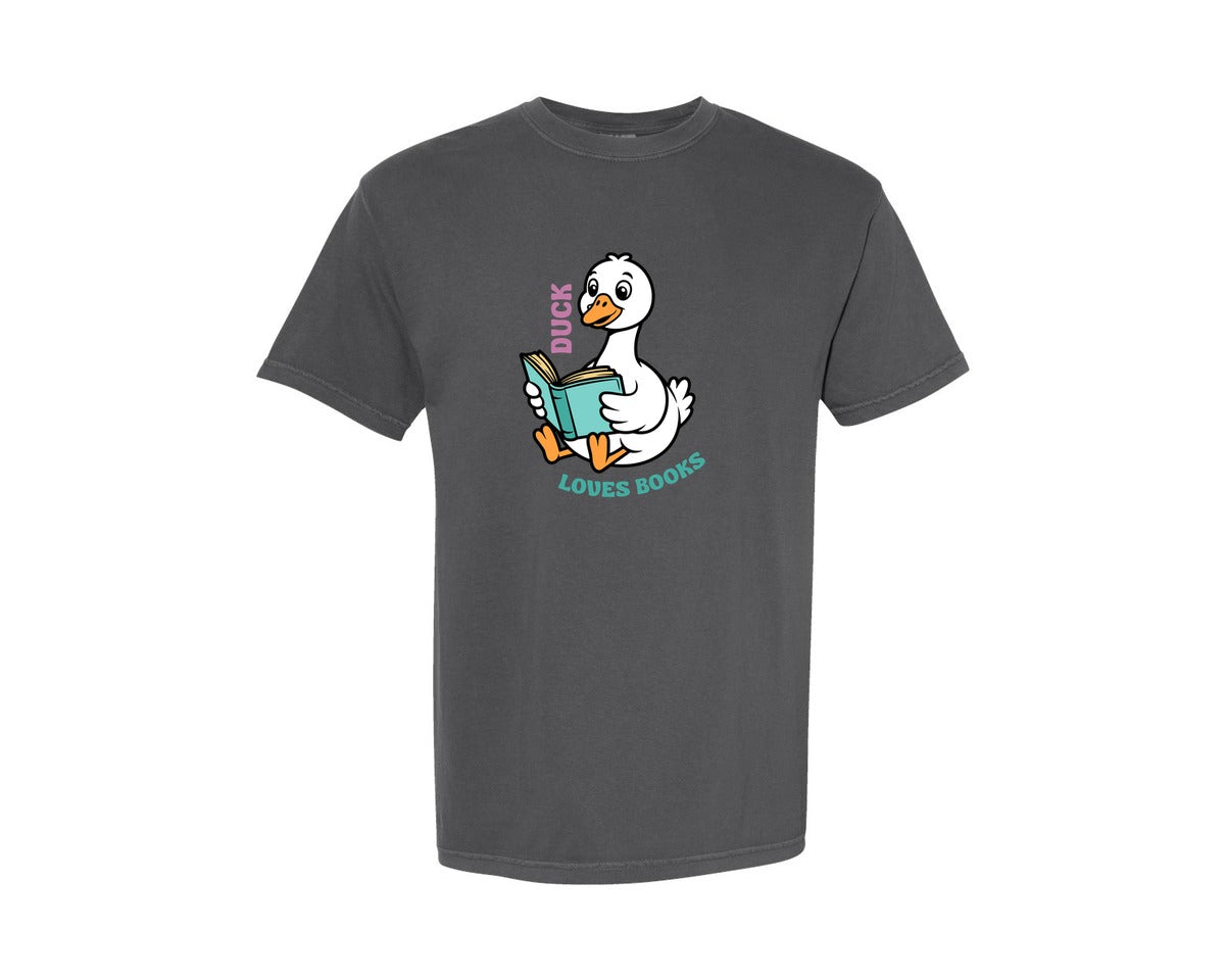 brand:Comfort Colors|color:Pepper|Duck Loves Books T Shirt Graphic T-Shirt
