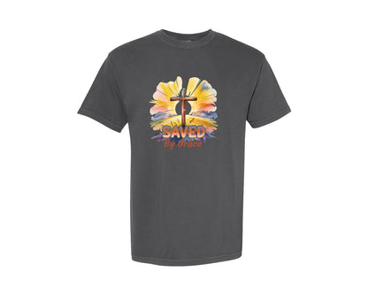 brand:Comfort Colors|color:Pepper|Saved By Grace Christian Cross Easter Graphic T-Shirt