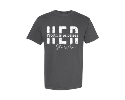 brand:Comfort Colors|color:Pepper|Her Worth I Am She Positive Gir Graphic T-Shirt