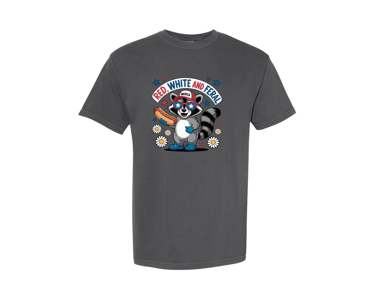 brand:Comfort Colors|color:Pepper|Raccoon Hotdog Red White Feral Graphic T-Shirt