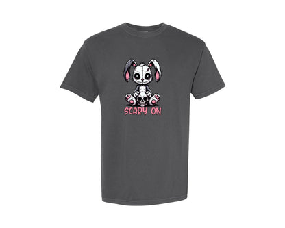 brand:Comfort Colors|color:Pepper|Scary On Creepy Bunny Halloween Print Graphic T-Shirt