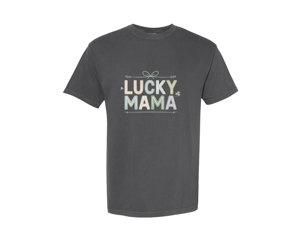 brand:Comfort Colors|color:Pepper|Lucky Mama Lucky Varsity 3 Graphic T-Shirt