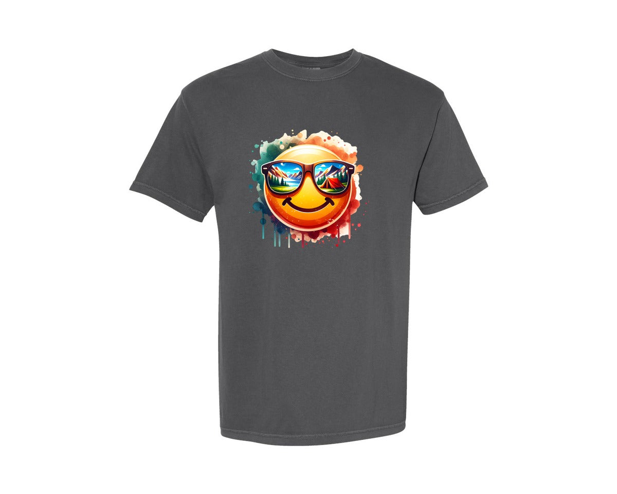brand:Comfort Colors|color:Pepper|Smiley Face Adventure Camping Hiking Graphic T-Shirt