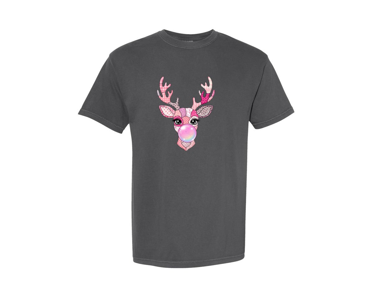brand:Comfort Colors|color:Pepper|Patchwork Reindeer Bubblegum Christmas Graphic T-Shirt