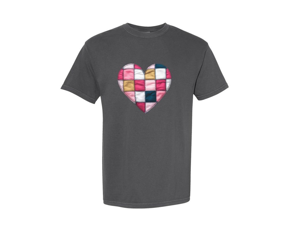 brand:Comfort Colors|color:Pepper|Patchwork Heart Valentines Day 6 Graphic T-Shirt