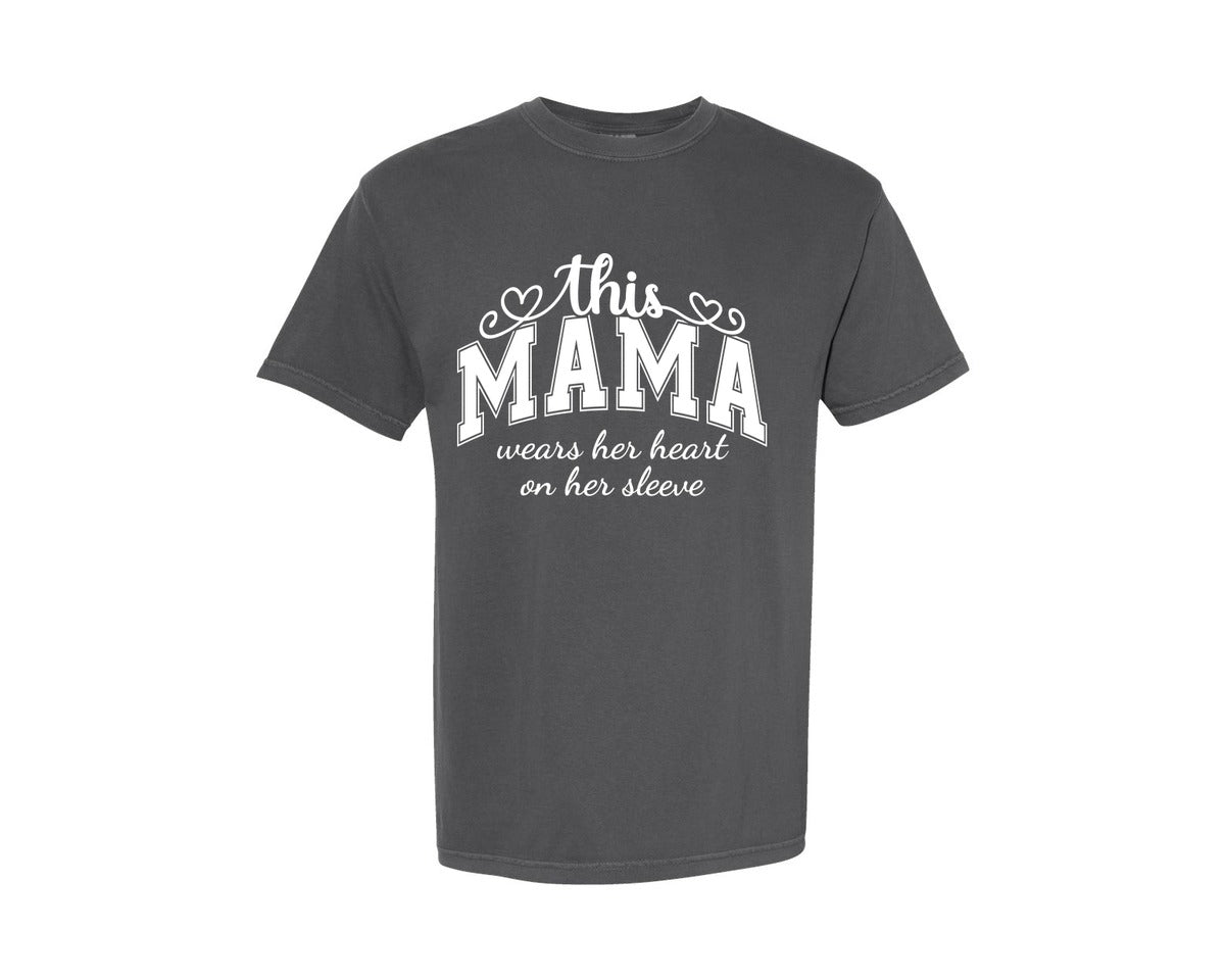 brand:Comfort Colors|color:Pepper|This Mama Wears Her Heart On Her Sleeve 74 Graphic T-Shirt