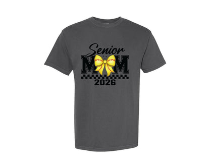 brand:Comfort Colors|color:Pepper|Senior Softball Mom 2026 Coquette Bow Graphic T-Shirt