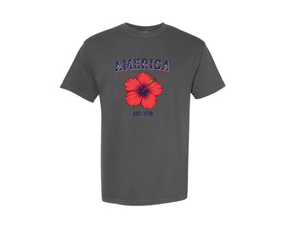 brand:Comfort Colors|color:Pepper|America Floral Floral Est 1776 2 Graphic T-Shirt
