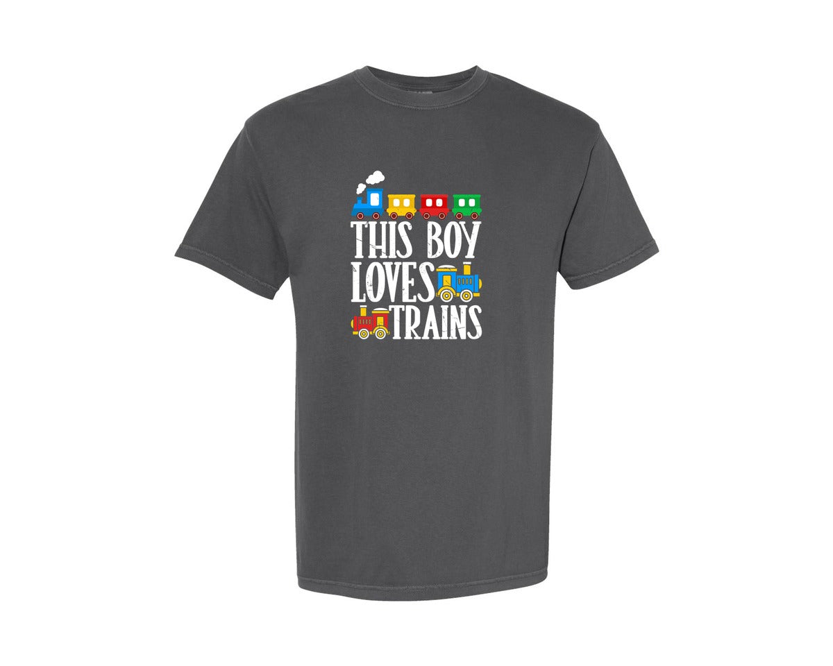 brand:Comfort Colors|color:Pepper|This Boy Loves Trains T Shirt Design 2 Graphic T-Shirt