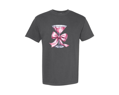 brand:Comfort Colors|color:Pepper|Pink Martini Cocktail With Coquette Bow Graphic T-Shirt