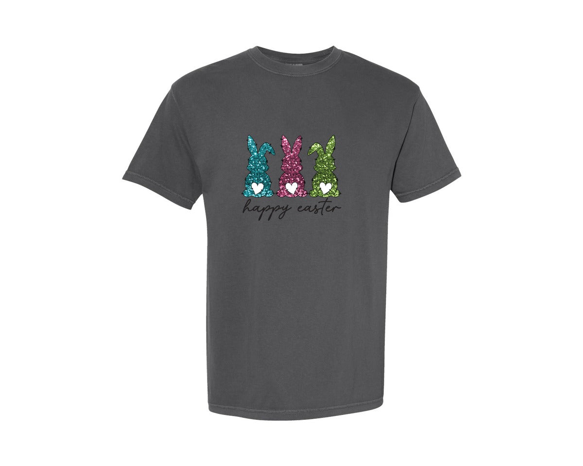 brand:Comfort Colors|color:Pepper|Glitter Happy Easter Bunny 2 Graphic T-Shirt