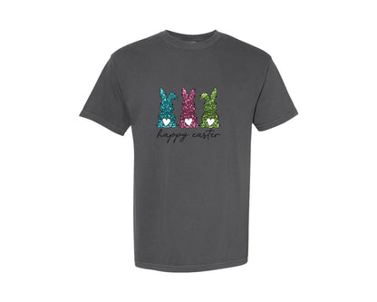 brand:Comfort Colors|color:Pepper|Glitter Happy Easter Bunny 2 Graphic T-Shirt