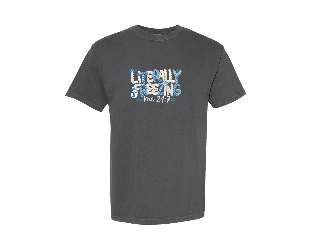brand:Comfort Colors|color:Pepper|Faux Yarn Literally Freezing Winter Graphic T-Shirt