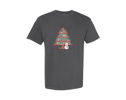 brand:Comfort Colors|color:Pepper|Christmas Tree Library Holiday Book Graphic T-Shirt